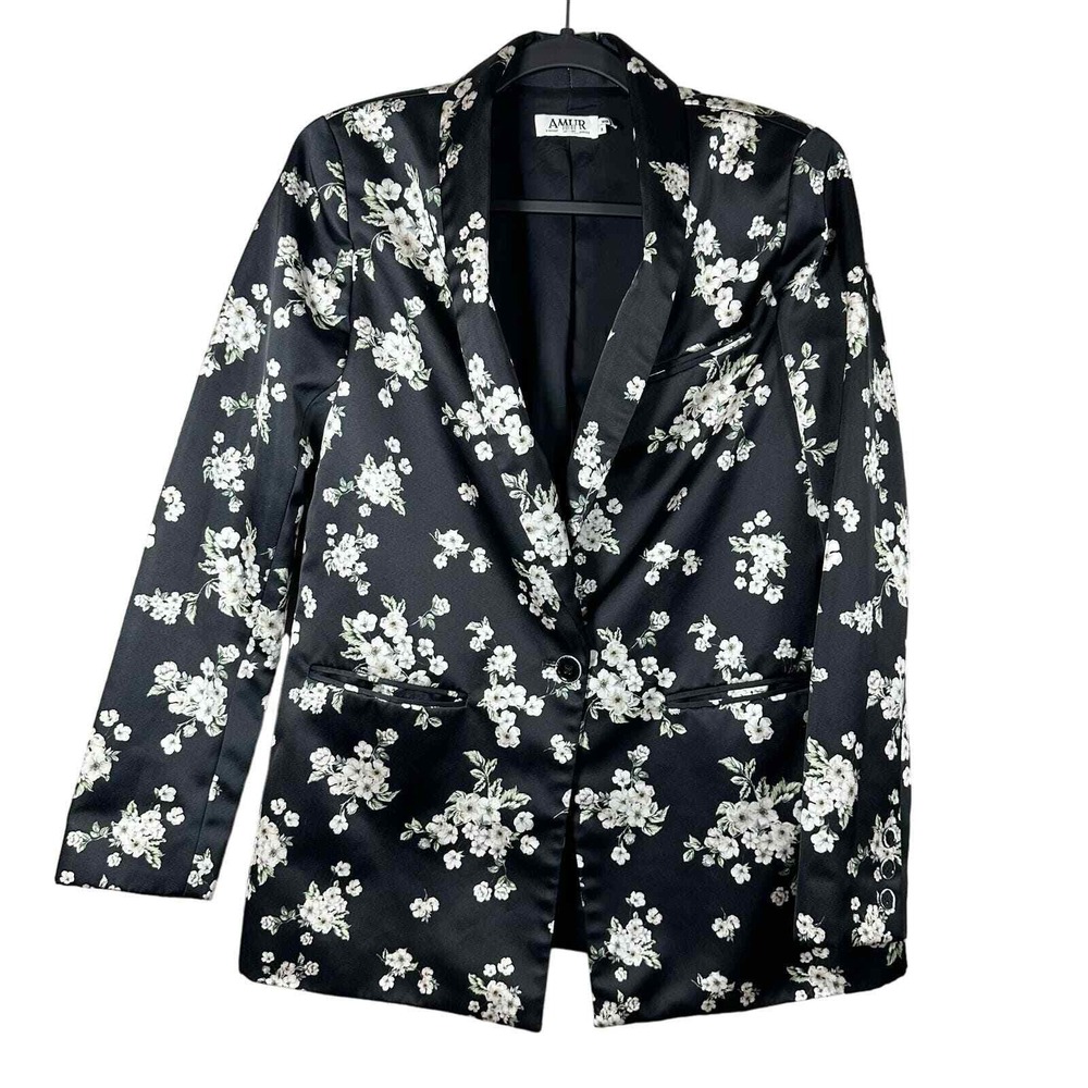 Amur Size 6 Black White Floral One Button Pockets Blazer Jacket Made in USA